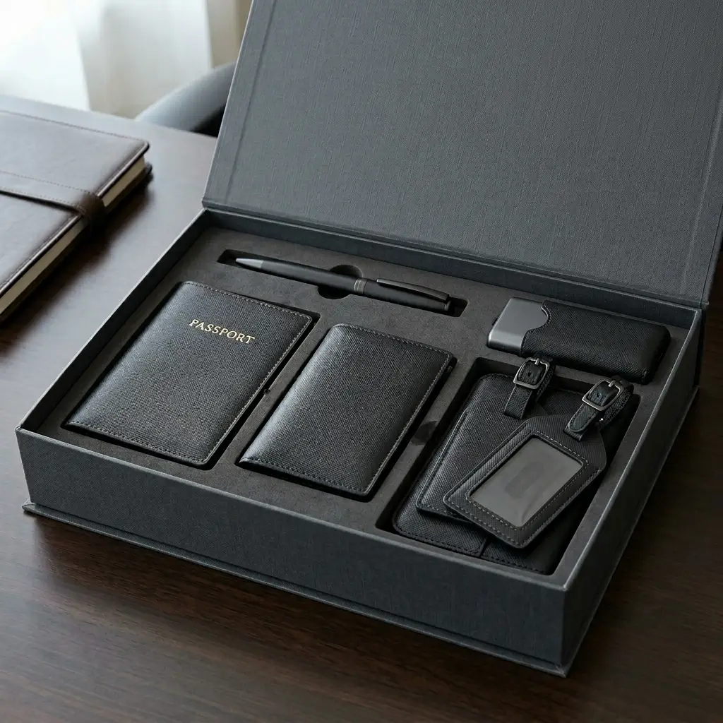 Test 1 Executive Travel Premium Kit Passport Wallet Tags Combo as a Customisable Corporate Gift