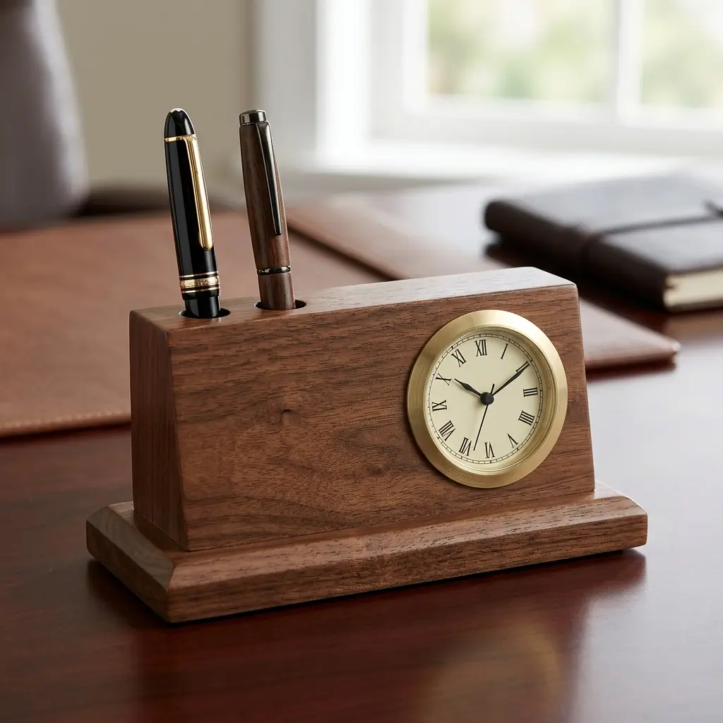 Test 1 Executive Wooden Pen Stand with Clock as a Corporate Gift 3